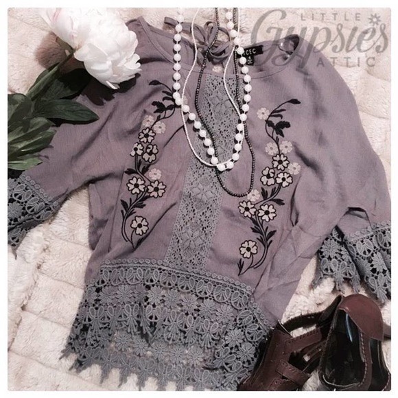 Little Grey Cottagecore Crochet and Lace Top - Picture 2 of 8